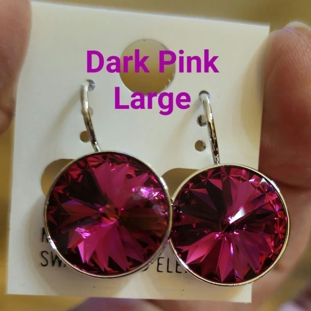 New! Swarovski Element Dark Pink. Simple. Dangle. Leverback. Round15mm Sparkling
